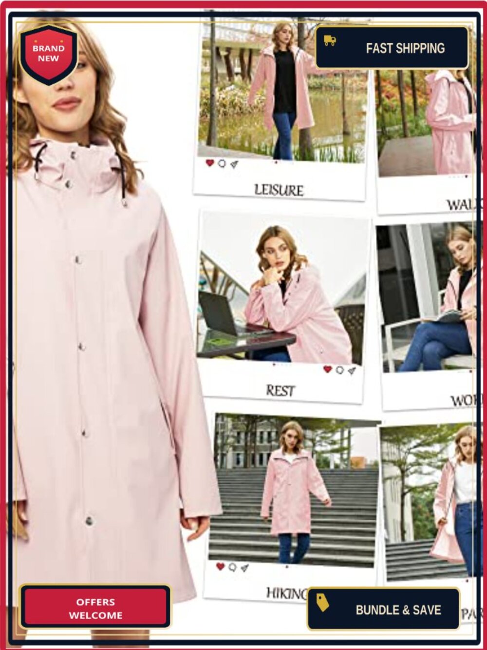 Waterproof Long Raincoat with Hooded Trench Design for Women - Picture 4 of 6